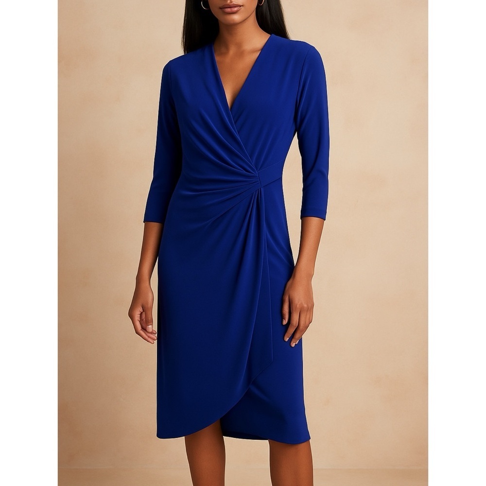 Clara Sunwoo Cobalt Blue Faux Wrap Ruched Twist Waist Stretch Dress NWT Small